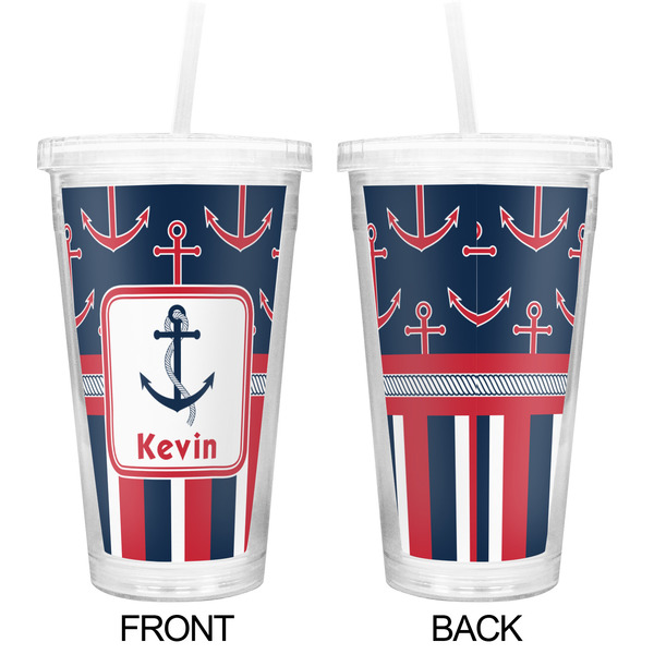 Nautical Anchors & Stripes Double Wall Tumbler with Straw - Approval