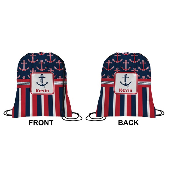 Nautical Anchors & Stripes Drawstring Backpack Front & Back Small
