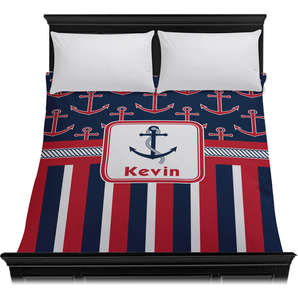 Nautical Anchors & Stripes Duvet Cover - Queen - On Bed - No Prop