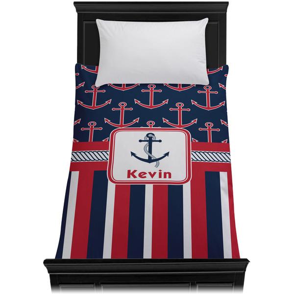 Nautical Anchors & Stripes Duvet Cover - Twin - On Bed - No Prop