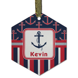 Nautical Anchors & Stripes Flat Glass Ornament - Hexagon w/ Name or Text