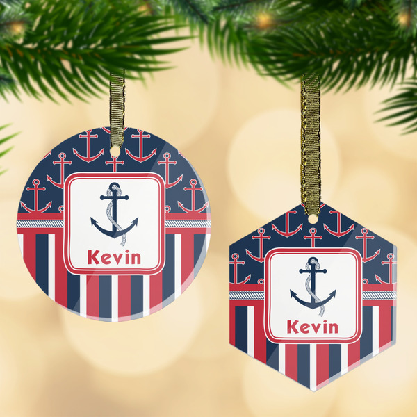 Custom Nautical Anchors & Stripes Flat Glass Ornament w/ Name or Text