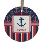 Nautical Anchors & Stripes Flat Glass Ornament - Round w/ Name or Text