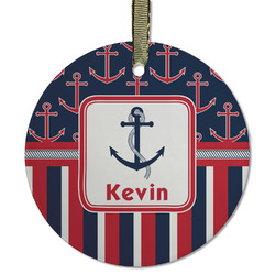 Nautical Anchors & Stripes Flat Glass Ornament - Round w/ Name or Text
