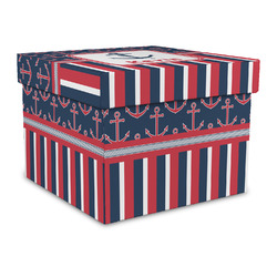 Nautical Anchors & Stripes Gift Box with Lid - Canvas Wrapped - Large (Personalized)