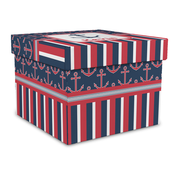 Custom Nautical Anchors & Stripes Gift Box with Lid - Canvas Wrapped - Large (Personalized)