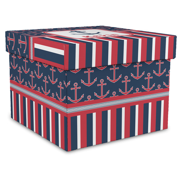 Custom Nautical Anchors & Stripes Gift Box with Lid - Canvas Wrapped - X-Large (Personalized)