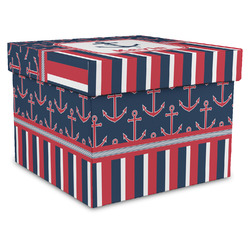 Nautical Anchors & Stripes Gift Box with Lid - Canvas Wrapped - XX-Large (Personalized)