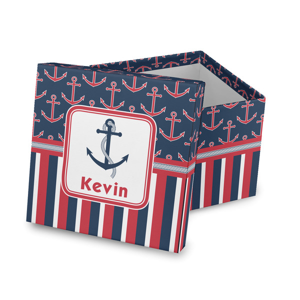 Custom Nautical Anchors & Stripes Gift Box with Lid - Canvas Wrapped (Personalized)