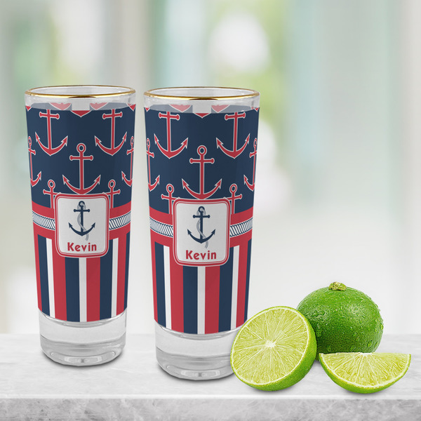 Nautical Anchors & Stripes Glass Shot Glass - 2 oz - LIFESTYLE