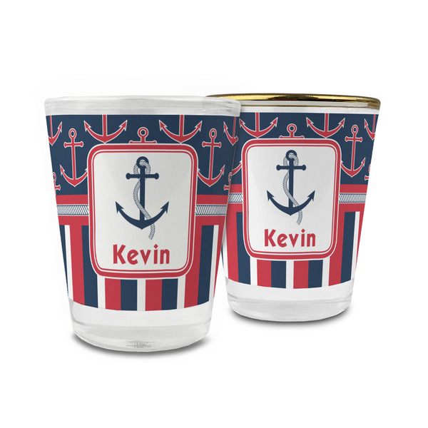 Custom Nautical Anchors & Stripes Glass Shot Glass - 1.5 oz (Personalized)