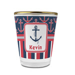 Nautical Anchors & Stripes Glass Shot Glass - 1.5 oz - with Gold Rim - Single (Personalized)