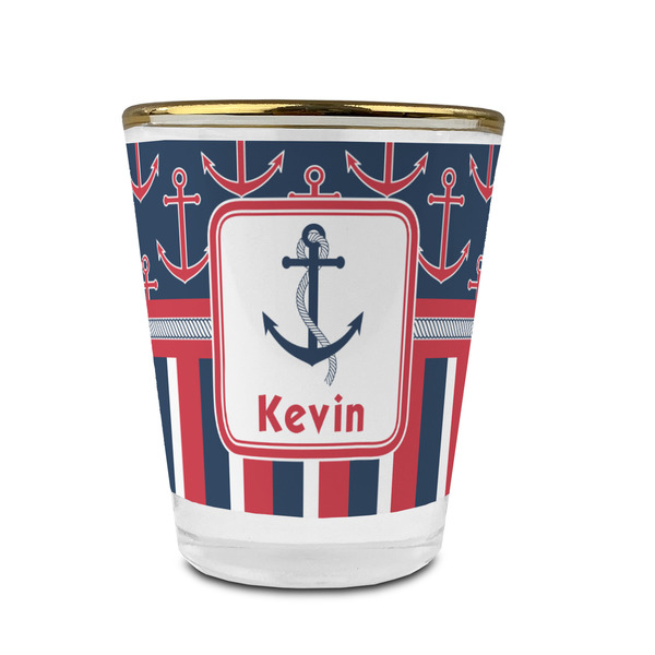 Custom Nautical Anchors & Stripes Glass Shot Glass - 1.5 oz - with Gold Rim - Set of 4 (Personalized)