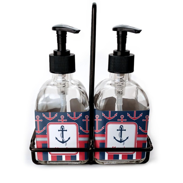 Custom Nautical Anchors & Stripes Glass Soap & Lotion Bottle Set (Personalized)