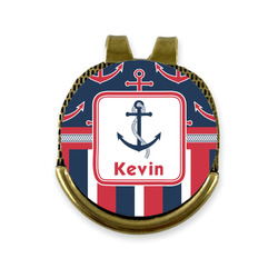 Nautical Anchors & Stripes Golf Ball Marker - Hat Clip - Gold