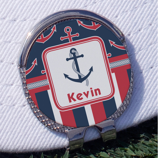 Custom Nautical Anchors & Stripes Golf Ball Marker - Hat Clip