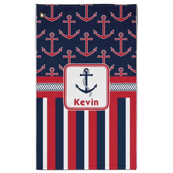 Custom Nautical Anchors & Stripes Golf Towel - Poly-Cotton Blend w/ Name or Text