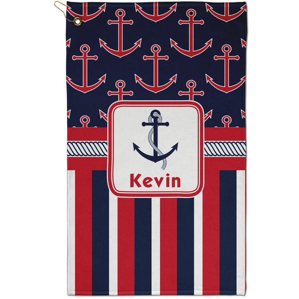Custom Nautical Anchors & Stripes Golf Towel - Poly-Cotton Blend - Small w/ Name or Text