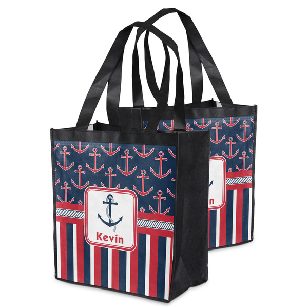 Nautical Anchors & Stripes Grocery Bag - MAIN