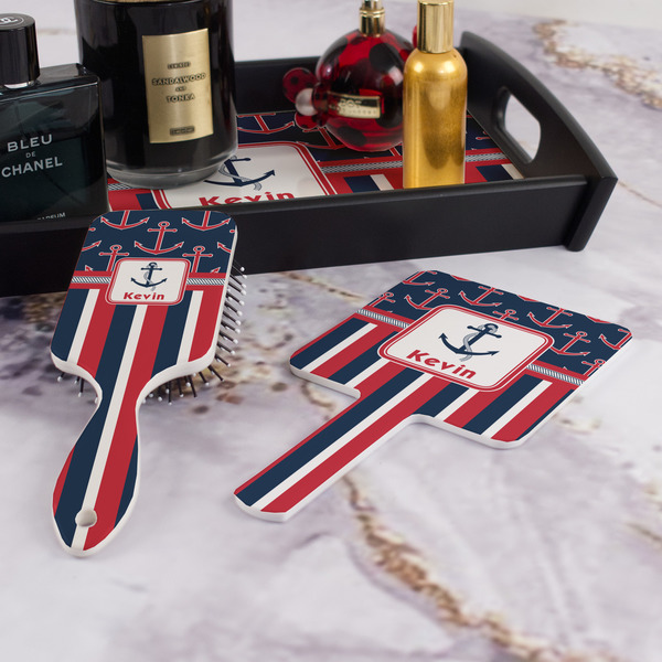 Nautical Anchors & Stripes Hair Brush and Hand Mirror - Bathroom Scene