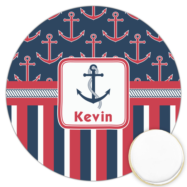 Custom Nautical Anchors & Stripes Printed Cookie Topper - 3.25" (Personalized)