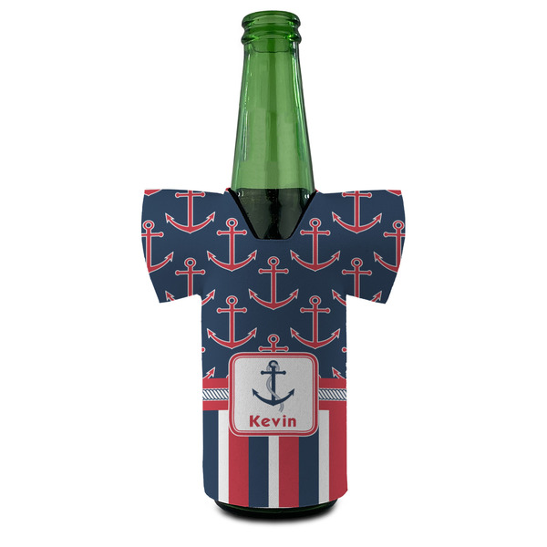 Nautical Anchors & Stripes Jersey Bottle Cooler - Set of 4 - FRONT (on bottle)
