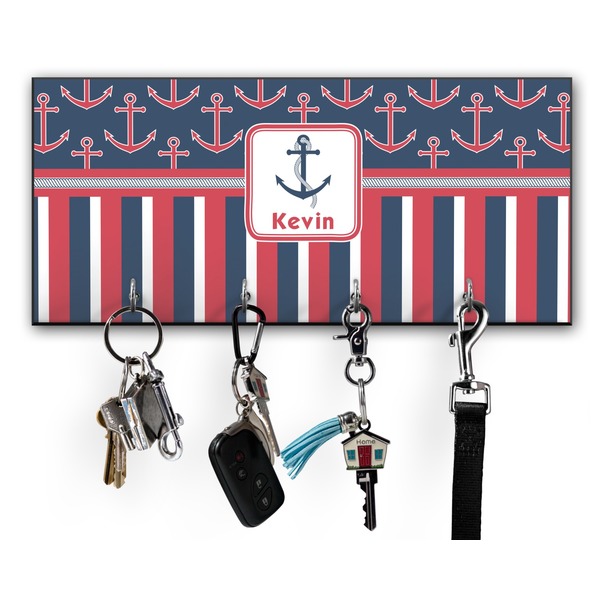 Custom Nautical Anchors & Stripes Key Hanger w/ 4 Hooks w/ Graphics and Text