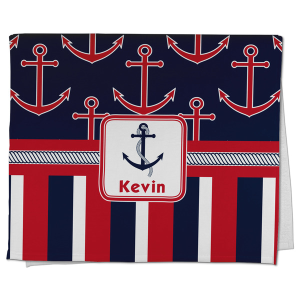 Custom Nautical Anchors & Stripes Kitchen Towel - Poly Cotton w/ Name or Text