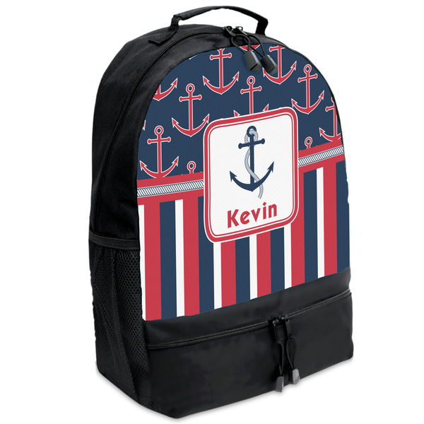 Custom Nautical Anchors & Stripes Backpacks - Black (Personalized)