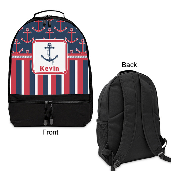 Nautical Anchors & Stripes Large Backpack - Black - Front & Back View
