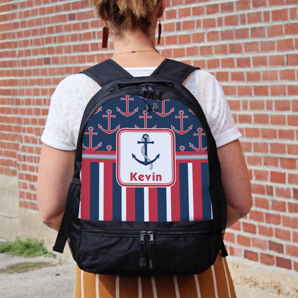 Nautical Anchors & Stripes Large Backpack - Black - On Back