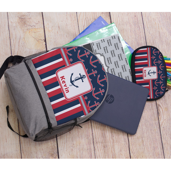 Nautical Anchors & Stripes Large Backpack - Gray - With Stuff