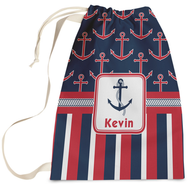 Custom Nautical Anchors & Stripes Laundry Bag - Large (Personalized)