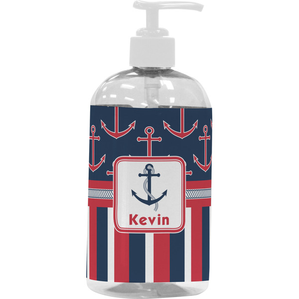Custom Nautical Anchors & Stripes Plastic Soap / Lotion Dispenser (16 oz - Large - White) (Personalized)