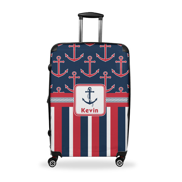 Custom Nautical Anchors & Stripes Suitcase - 28" Large - Checked w/ Name or Text