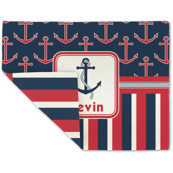 Custom Nautical Anchors & Stripes Double-Sided Linen Placemat - Single w/ Name or Text