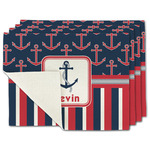 Nautical Anchors & Stripes Single-Sided Linen Placemat - Set of 4 w/ Name or Text