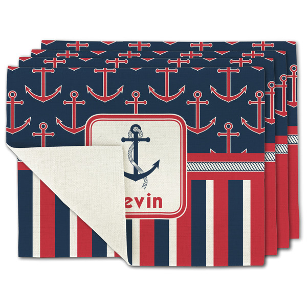 Custom Nautical Anchors & Stripes Single-Sided Linen Placemat - Set of 4 w/ Name or Text