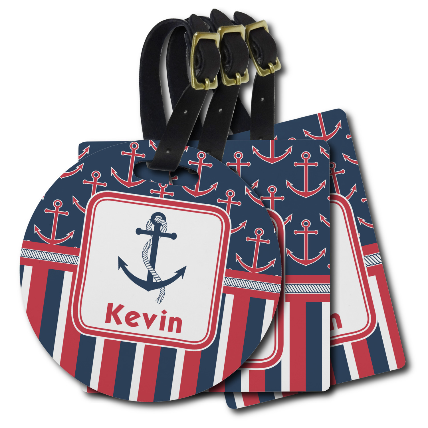 Custom Nautical Anchors & Stripes Plastic Luggage Tag (Personalized