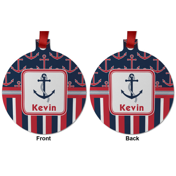 Nautical Anchors & Stripes Metal Ball Ornament - Front and Back