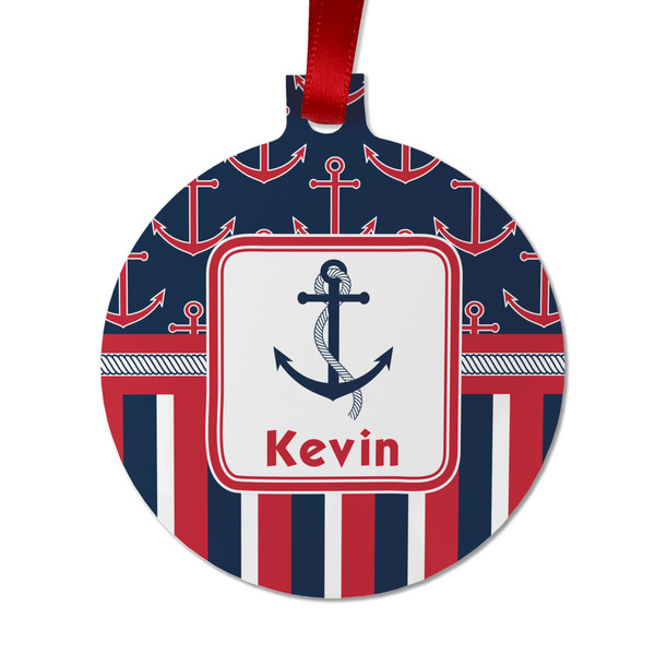 Custom Nautical Anchors & Stripes Metal Ball Ornament - Double Sided w/ Name or Text