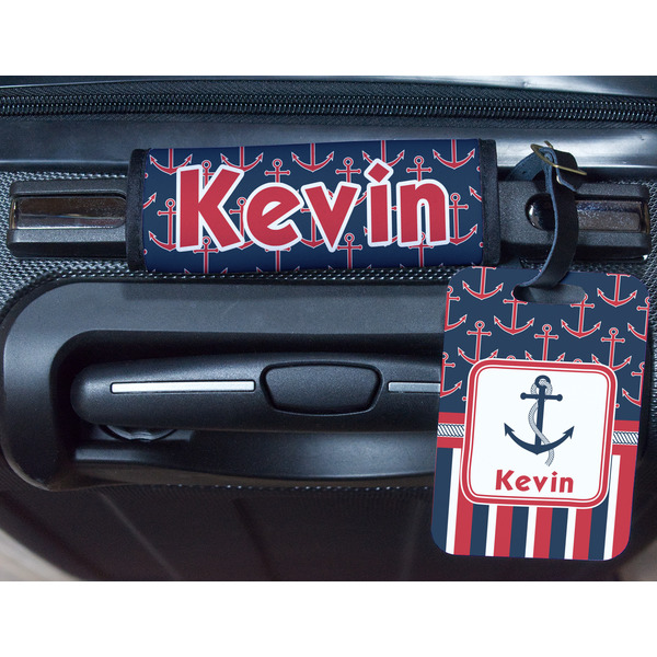 Nautical Anchors & Stripes Metal Luggage Tag & Handle Wrap - In Context