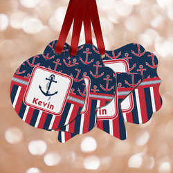 Nautical Anchors & Stripes Metal Ornaments - Double Sided w/ Name or Text