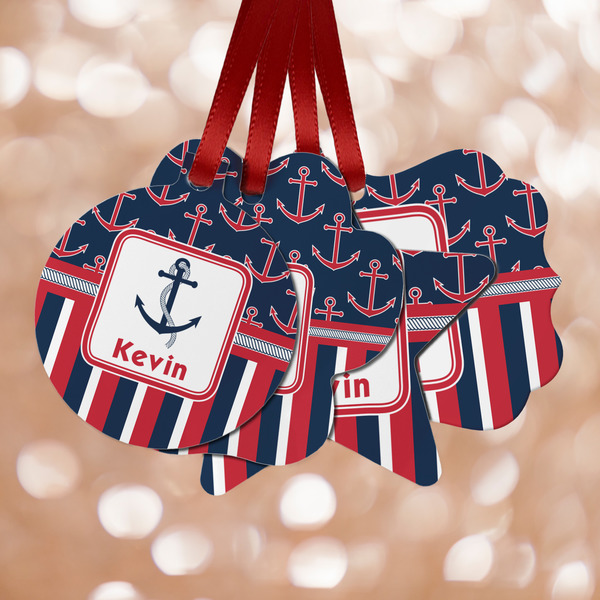 Custom Nautical Anchors & Stripes Metal Ornaments - Double Sided w/ Name or Text