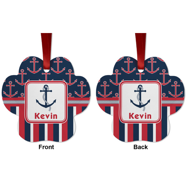 Nautical Anchors & Stripes Metal Paw Ornament - Front and Back