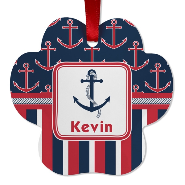 Custom Nautical Anchors & Stripes Metal Paw Ornament - Double Sided w/ Name or Text