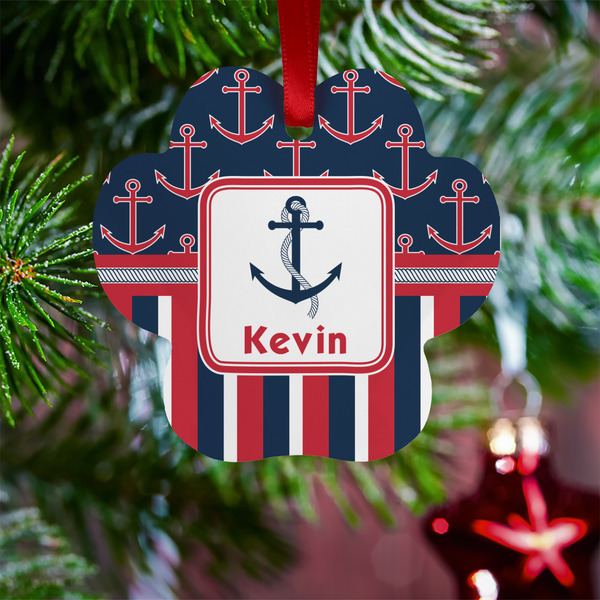 Nautical Anchors & Stripes Metal Paw Ornament - Lifestyle