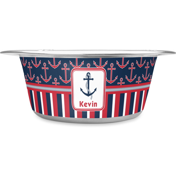 Custom Nautical Anchors & Stripes Stainless Steel Dog Bowl - Large (Personalized)