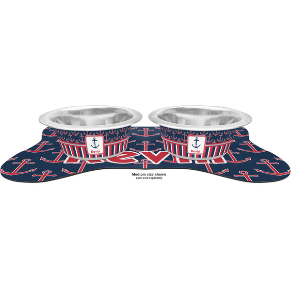 Nautical Anchors & Stripes Metal Pet Bowls - On Dog Bone Shaped Mat