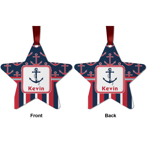 Nautical Anchors & Stripes Metal Star Ornament - Front and Back